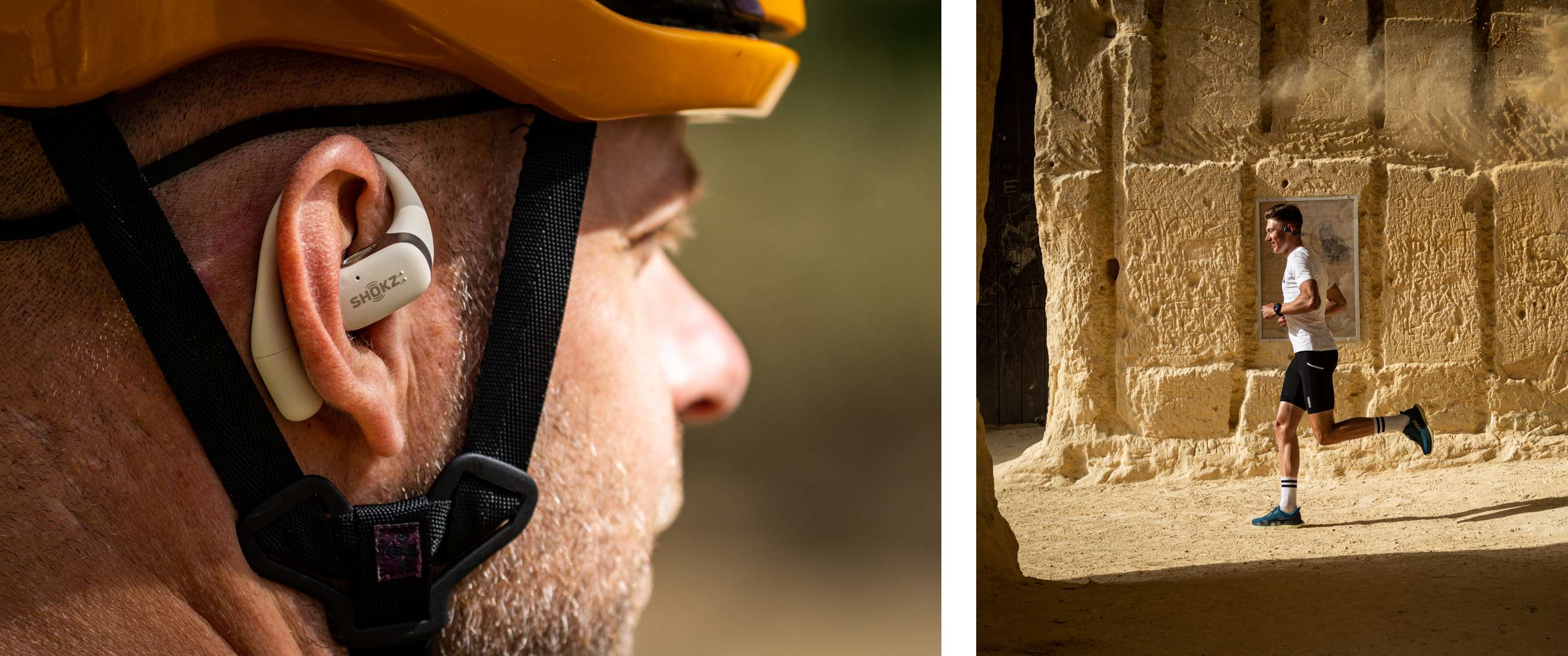 Deux images : gros plan d’un cycliste portant un casque jaune et des écouteurs open-ear ; coureur éclairé par le soleil longeant une paroi rocheuse sable.