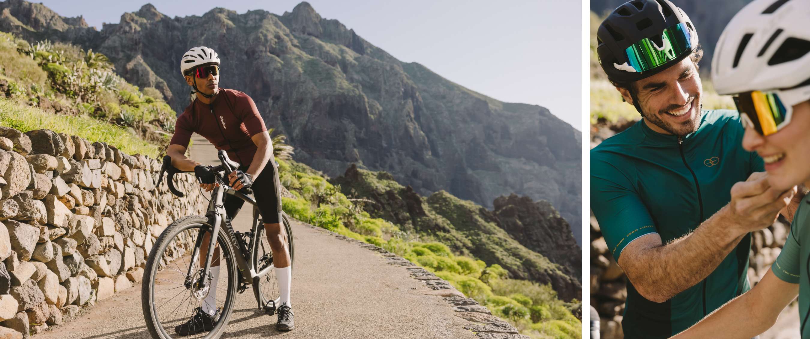 Deux images : homme avec vélo de course et casque blanc sur une route de montagne ; homme aidant une femme avec son casque de vélo