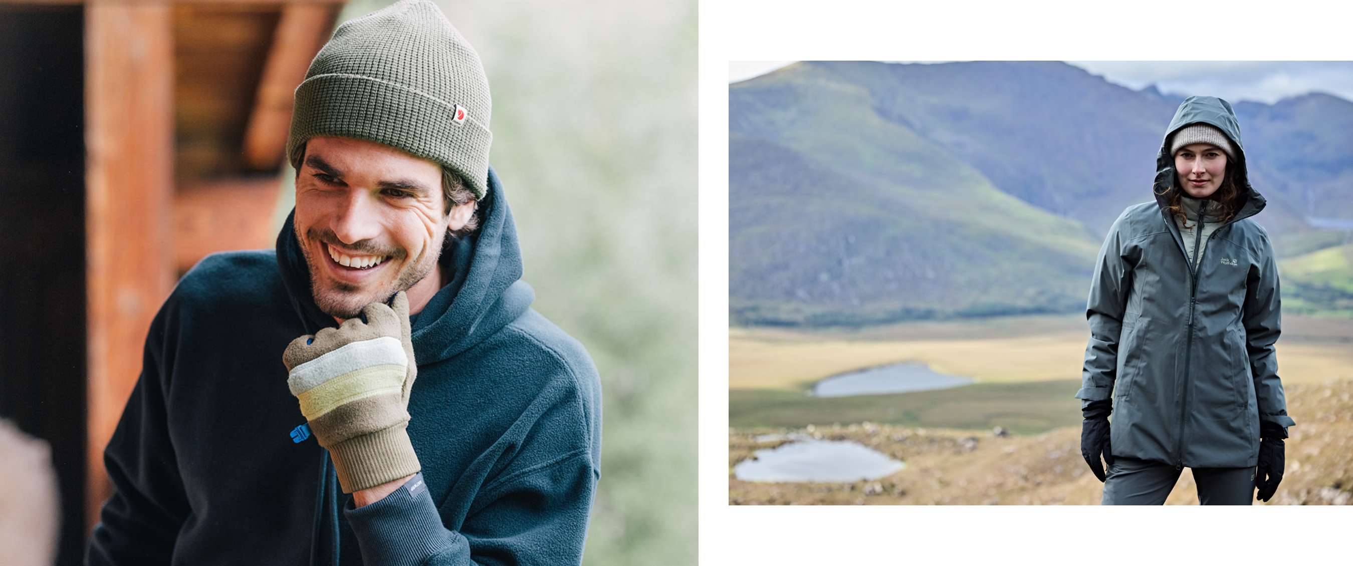 Deux images : homme portant un bonnet et des gants souriant en plein air ; femme avec capuche et bonnet dans un paysage montagneux.