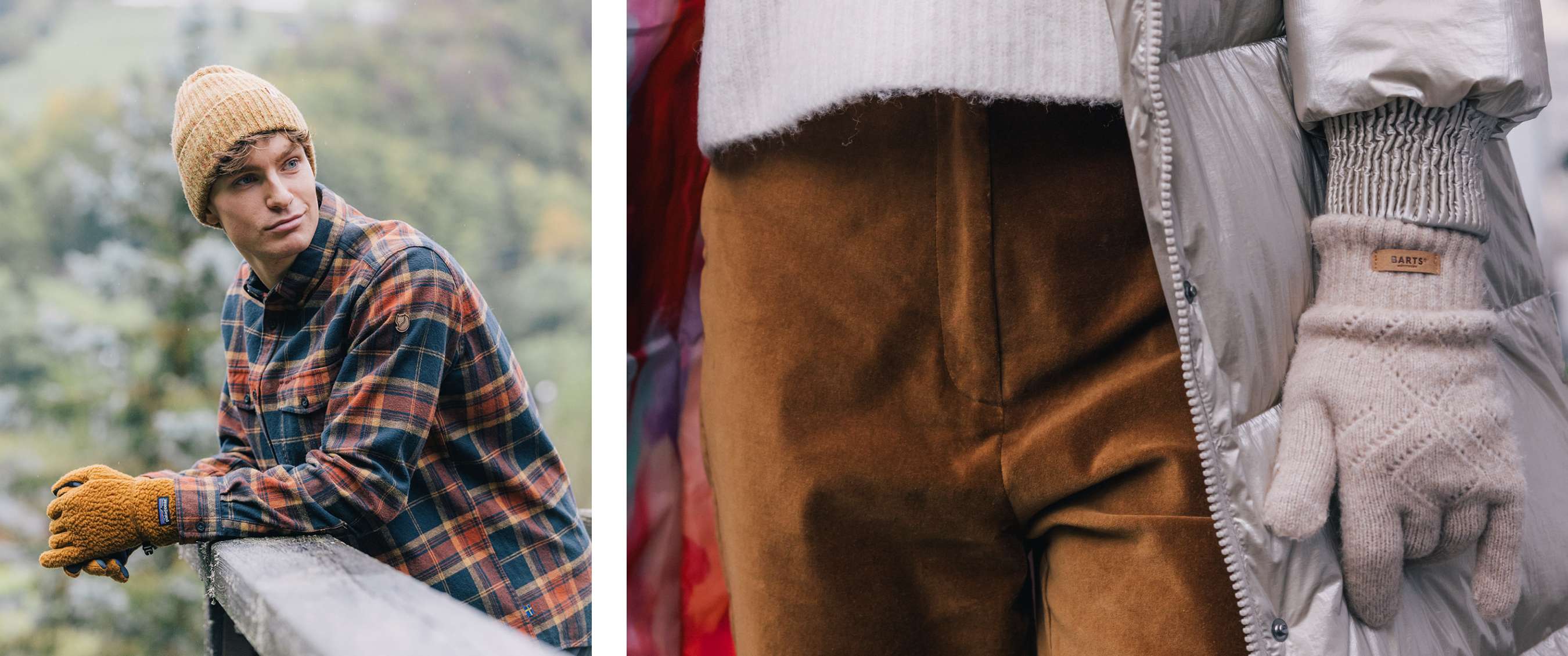 Deux images : homme en chemise à carreaux et bonnet appuyé sur une rambarde en bois ; gros plan sur des gants beiges portant l’étiquette “BARTS”.