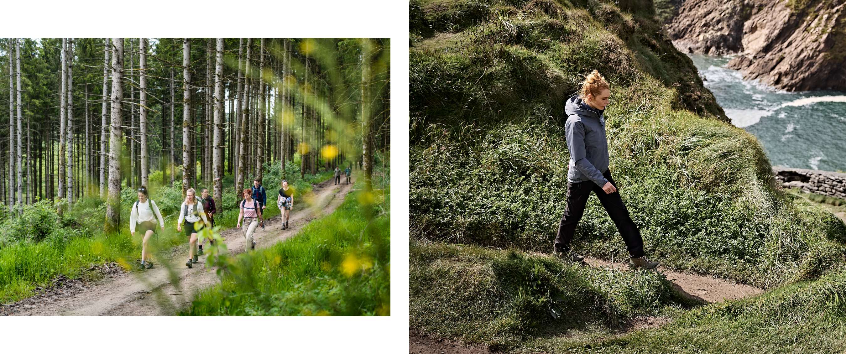 Deux images : groupe de randonneurs sur un sentier forestier entre de grands arbres ; femme marchant seule le long d’une falaise en bord de mer.