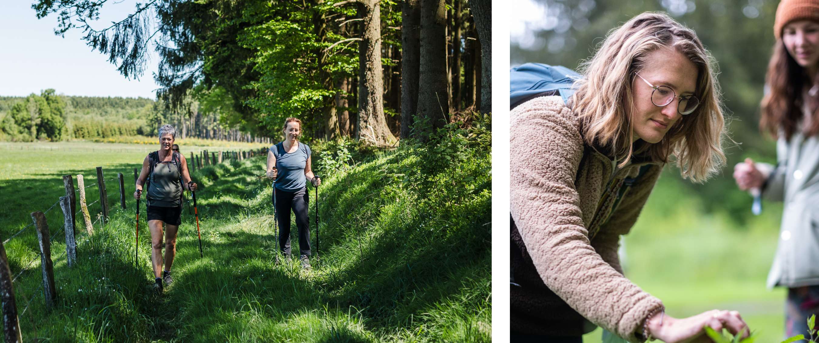 deux femmes marchant avec des bâtons de marche sur un sentier vert ; femme observant des plantes de près pendant une promenade.