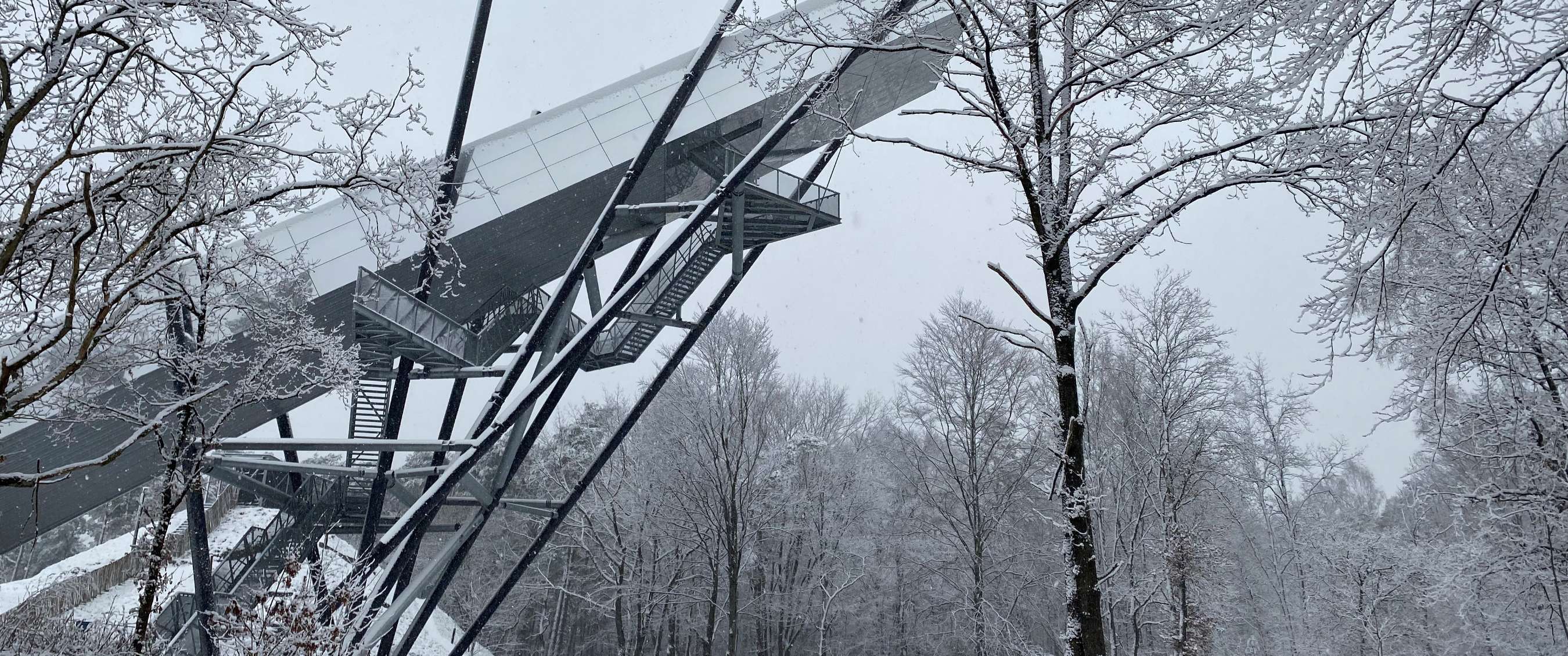 Tour architecturale au milieu d’arbres couverts de neige