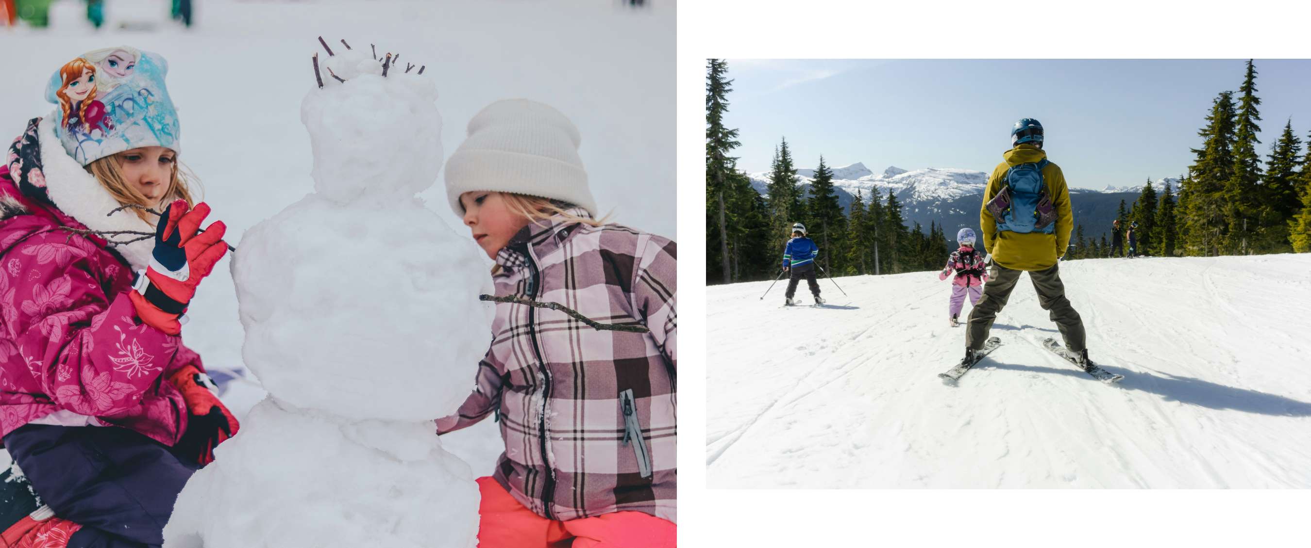 Twee beelden: Twee kinderen bouwen een sneeuwpop. Volwassene skiet met twee kinderen op een brede skipiste.