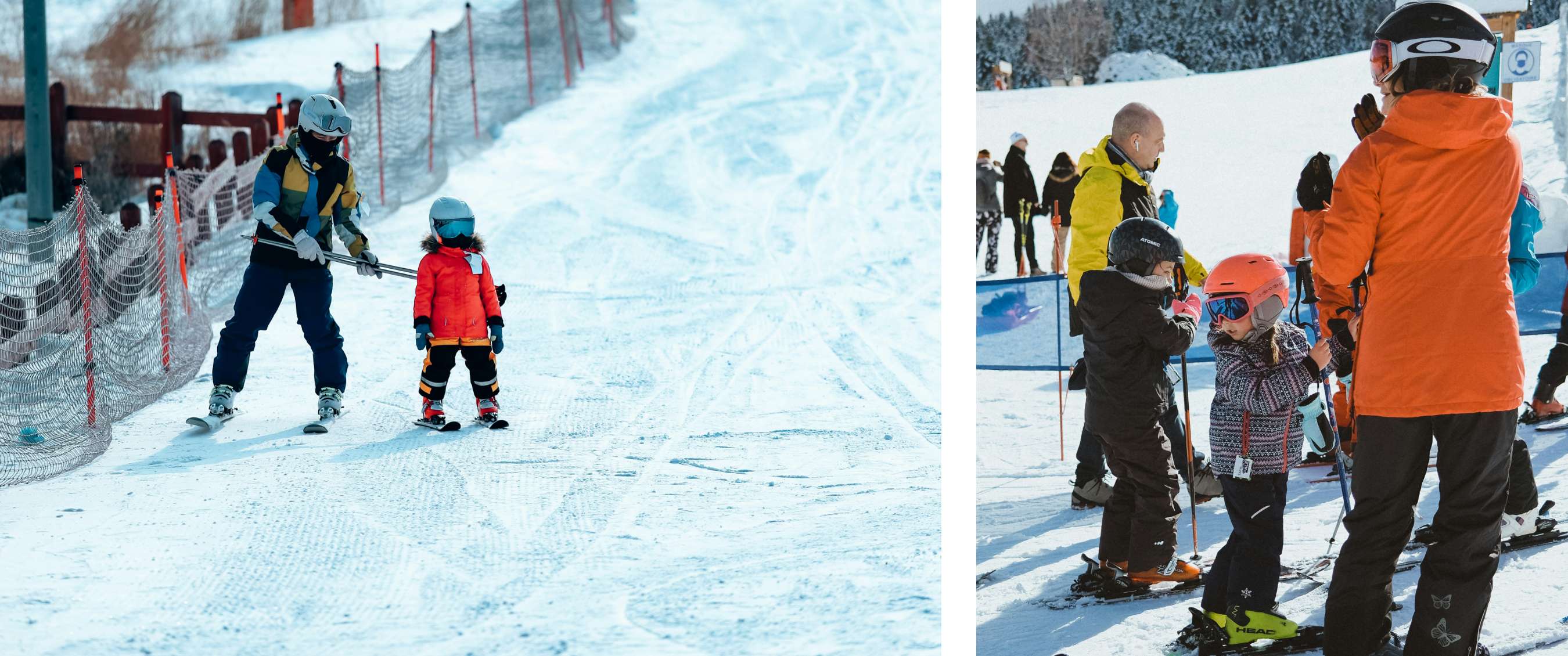 Twee beelden: Volwassene helpt kind leren skiën langs een net. Kinderen verzamelen zich met ski-uitrusting.
