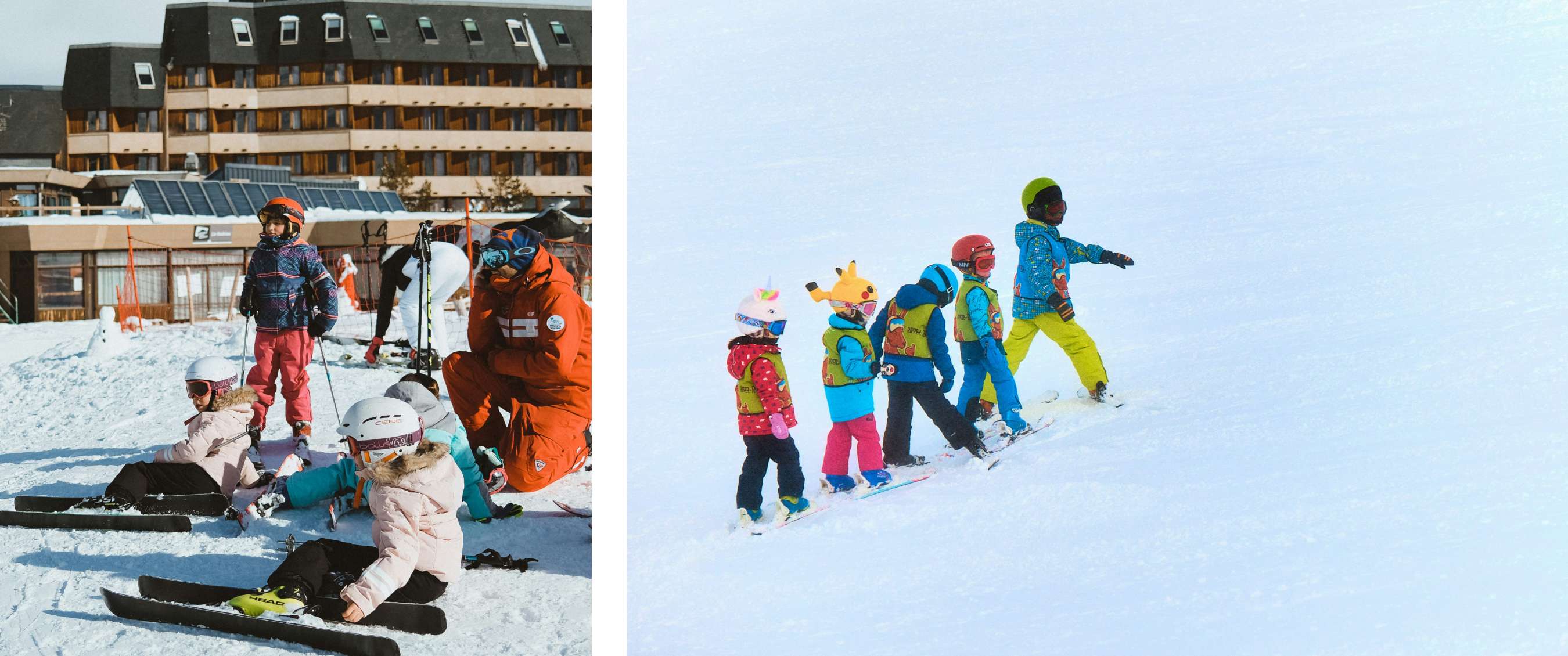 Twee beelden: Skileraar helpt kinderen die in de sneeuw zitten. Groep kinderen loopt met ski’s omhoog.