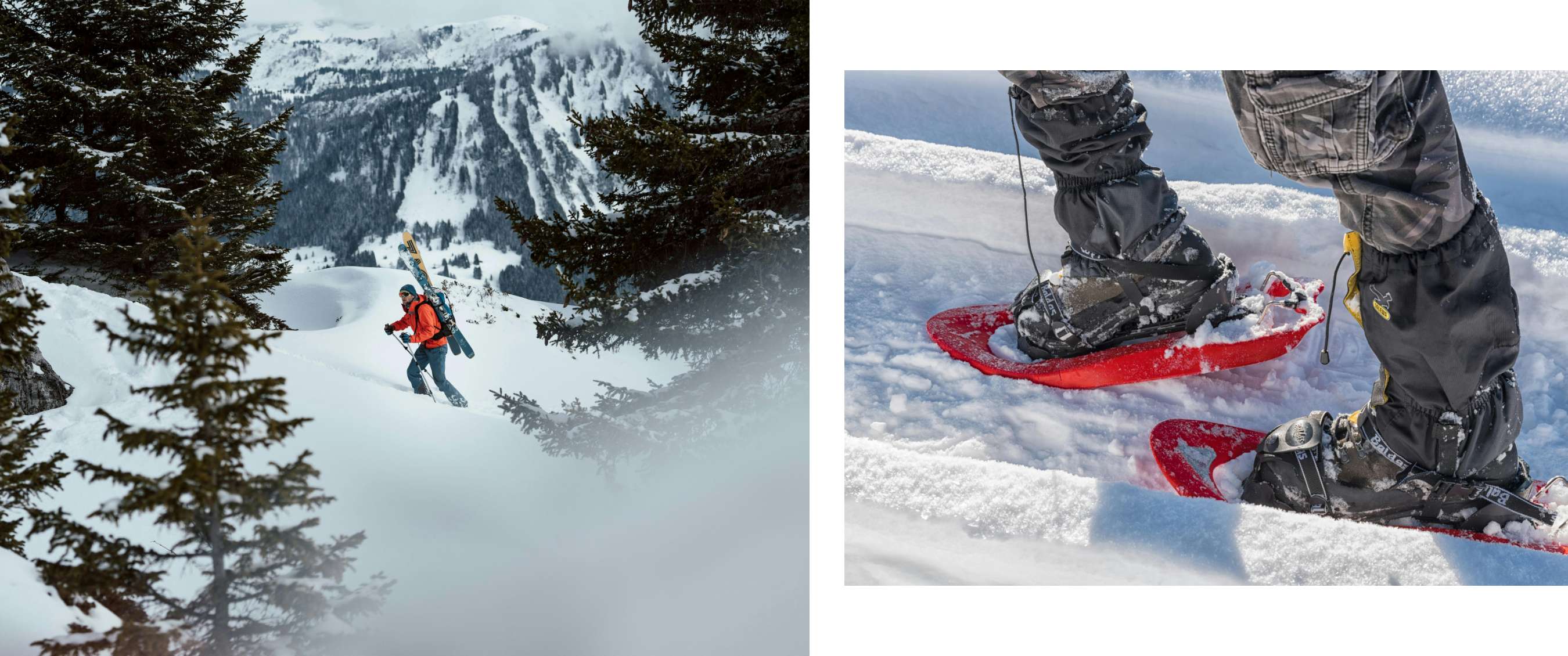 Photo de gauche < Randonneur en raquettes avec skis sur le dos avance dans la neige, entouré de sapins et montagnes enneigées > ; Photo de droite < Gros plan sur des chaussures fixées à des raquettes rouges progressant dans la neige >