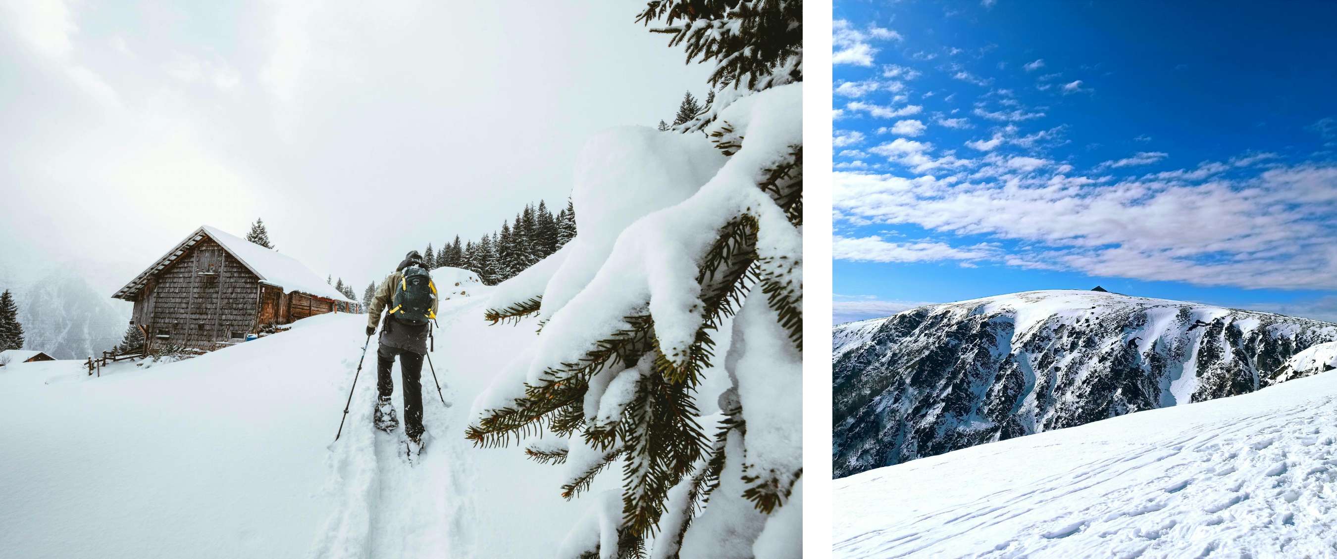 Photo de gauche < Personne en raquettes avec sac à dos marche vers un chalet en bois entouré de neige et sapins > ; Photo de droite < Vue panoramique d’une montagne enneigée sous un ciel bleu partiellement nuageux >