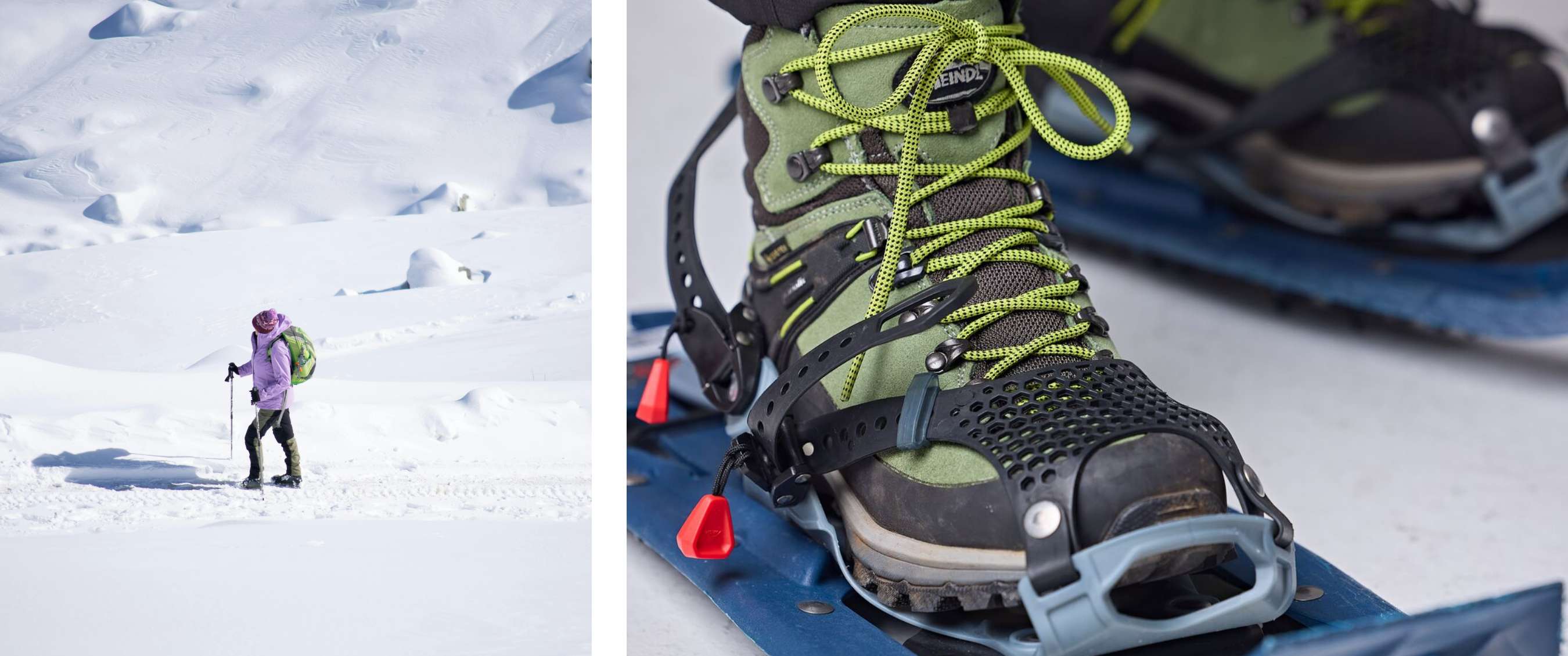 Photo de gauche < Personne en manteau violet et sac vert marche avec des bâtons de randonnée dans un paysage enneigé > ; Photo de droite < Gros plan sur une chaussure de randonnée verte fixée à une raquette bleue dans la neige >