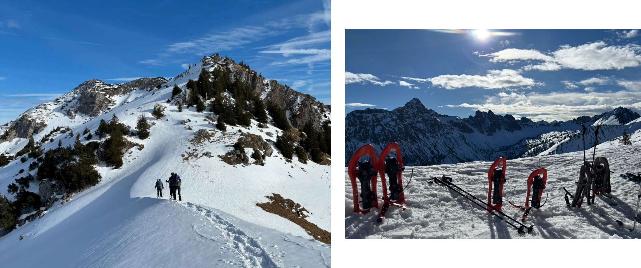 Photo de gauche < Deux randonneurs avancent en raquettes sur une crête enneigée bordée de sapins et montagnes > ; Photo de droite < Paire de raquettes et bâtons de randonnée posés dans la neige face à une chaîne de montagnes ensoleillée >