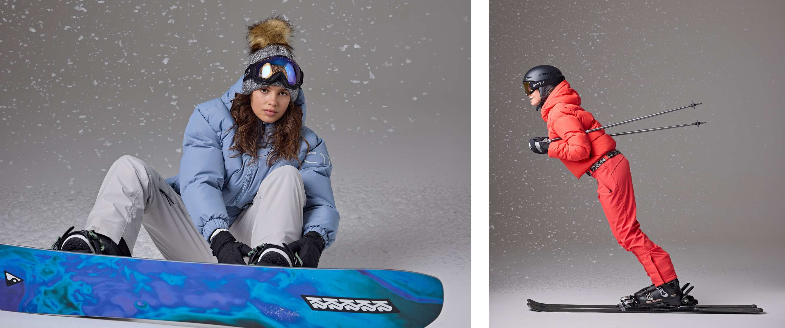Deux images : Snowboardeuse assise en tenue d’hiver ; skieuse en rouge dans une position inclinée.