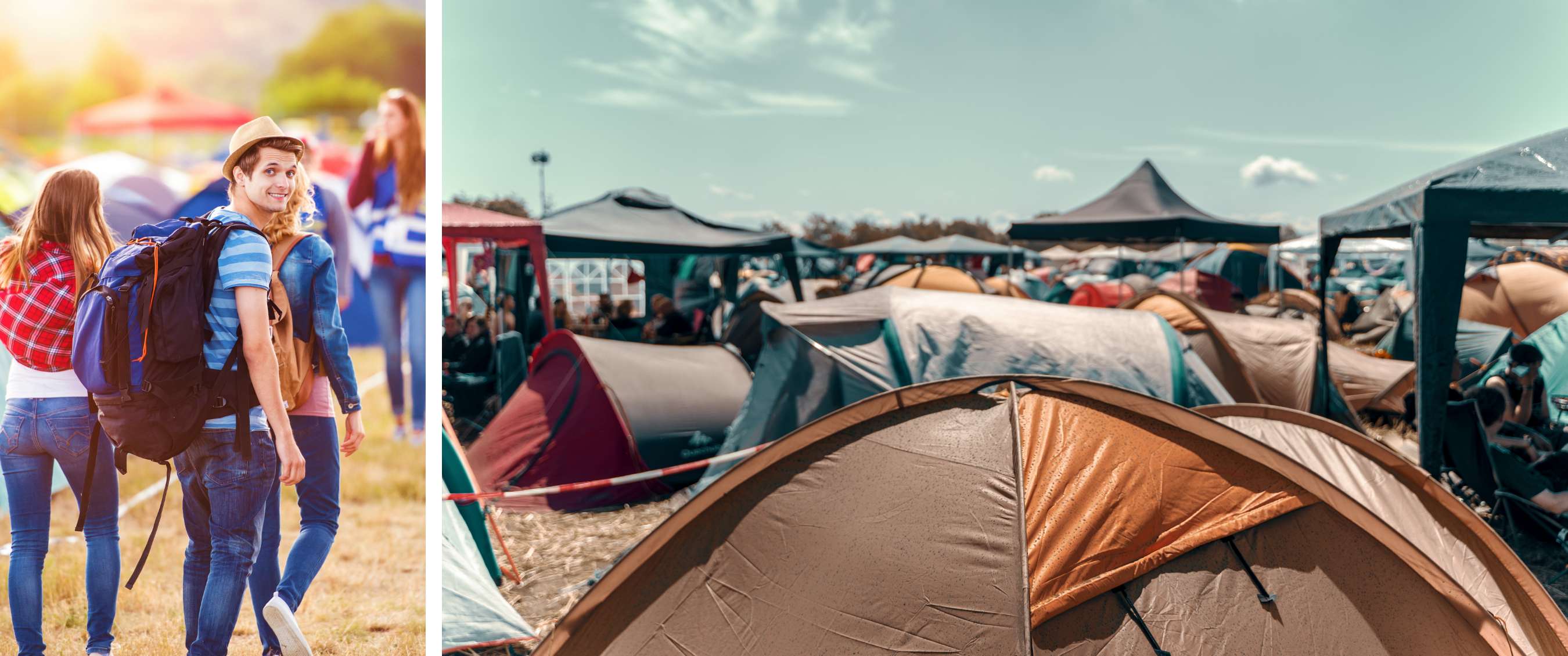 Deux images : personne avec sac à dos parmi des festivaliers et tentes au soleil.